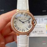 Swiss Quartz | TWF Cartier Men 36mm Ballon Bleu Double-row Diamond White Leather Band